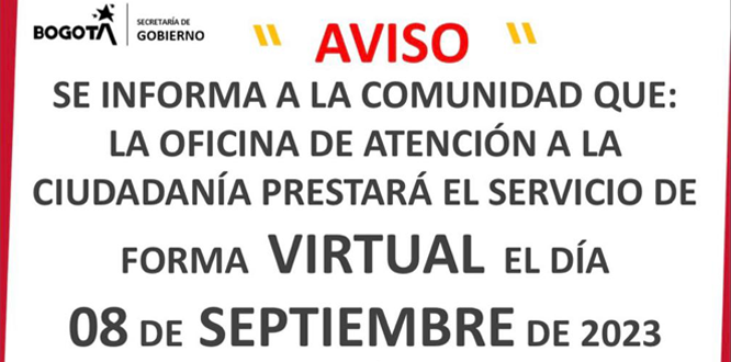 ¡Atención PuenteAranda! informamos que la oficina de Atención a la Ciudadanía prestará su servicio de forma virtual el 8 de septiembre del 2023 ¡Atención PuenteAranda! informamos que la oficina de Atención a la Ciudadanía prestará su servicio de forma virtual el 8 de septiembre del 2023